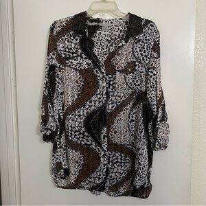 dressbarn Women's Black and Brown Patterned Button Down Shirt